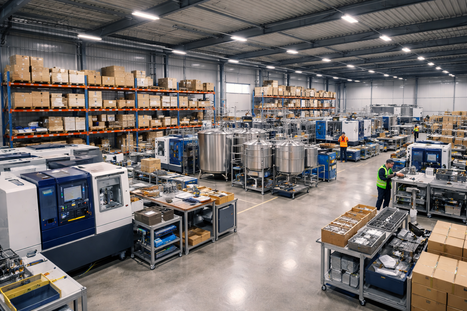 Industriële productieomgeving met meerdere installaties en processen