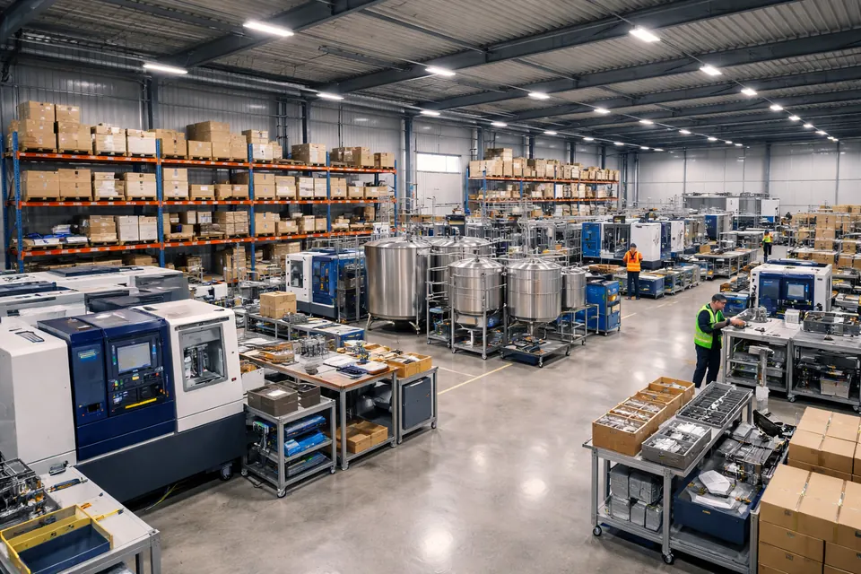 Industriële productieomgeving met meerdere installaties en processen